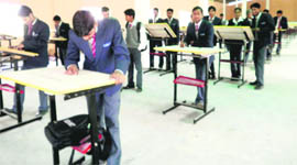 Polytechnic students take their semester exams in Haridwar on Saturday. 