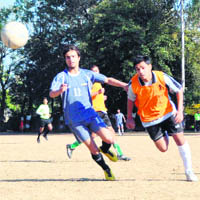 A match in the Shaheed Khadag Bahadur Memorial Football Tournament in progress in Dehradun on Saturday.