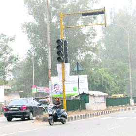 Non-functional traffic lights in front of Government Rajindra Hospital in Patiala