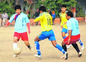 A match of the Saheed Khadag Bahadur Memorial Football Tournament under way in Dehradun