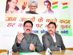 General secretary of the state Congress Kuldeep Rathore addresses mediapersons in Shimla  on Sunday. 