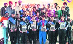 Visually impaired sportspersons who were honoured in Ludhiana on Sunday.