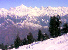 The snow-capped peaks of the Kalamuni mountain range in Pithoragarh district