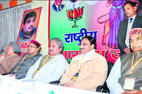 Uttarakhand Chief Minister Ramesh Pokhriyal Nishank and other BJP leaders in Haridwar on Monday.