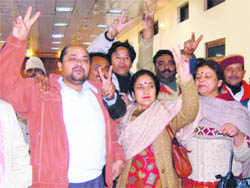 Kamla Patial, an Independent, celebrates her victory in Dharamsala