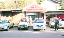 Vehicles of Punjab MLAs parked outside the residence of Shanta Kumar at Palampur on Monday