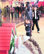 This dummy of a polar bear gets the attention of a little boy at a mall in Gurgaon. 