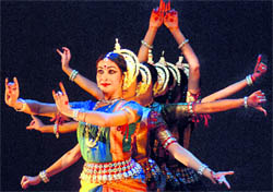 Odissi dancers perform at the Tagore Theatre in Chandigarh on Tuesday