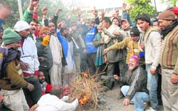 Auto-rickshaw drivers burn the effigy of Local Bodies Minister Manoranjan Kalia in Jalandhar on Tuesday. 