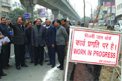 Urban development minister A.K. Walia with Ramesh Negi, CEO of the Delhi Jal Board, and other officers take a round of the Vikas Marg and Laxmi Nagar to take stock of sewer lines in East Delhi