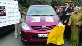 Delhi Chief Minister Sheila Dikshit flags off a car to inaugurate Spread the Warmth, a campaign for the welfare of the old and needy people in Delhi and NCR, in New Delhi
