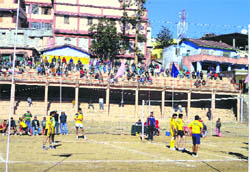 A match of the Uttarakhand Invitation Volleyball Competition in progress 