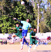 A match of the Great Vivekanand Memorial Football Tournament in progress in Dehradun on Wednesday