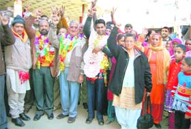 Joginder Kumar (Independent) along with his supporters after gettting elected from the Sarahkad zila parishad ward in Hamirpur