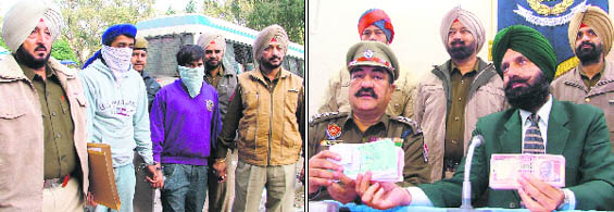 The accused Manpreet Singh Manni and Nitin Bharadwaj being produced before a court; and (right) Police officials show the cash recovered from the accused at a press conference in Ludhiana on Wednesday.