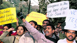 Students of Telangana region during a protest in New Delhi on Wednesday