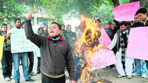 Members of the ABVP burn effigies of Congress leaders at the Student Centre, PU, Chandigarh, on Thursday.