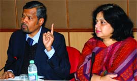 Chief electoral officer of Delhi, Reena Ray (R), and director general of the Election Commission of India, Akshay Rout at a press meet in New Delhi on Thursday.