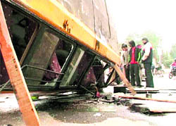 The school van which overturned after a collision with another van in 