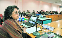 Dr Upinder Singh delivers a lecture during a two-day national workshop on Revisiting sources of history with special reference to Jammu and Kashmir at the Department of History, University of Jammu, 