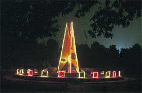 The War Memorial in Rakh Bagh, commemorating the sacrifice of the 1971 war heroes, gives a new look after it was lit up by the Municipal Corporation in Ludhiana