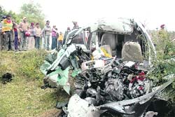 The mangled remains of Toyota Innova that met with an accident on the Banur-Ambala road on Friday. 