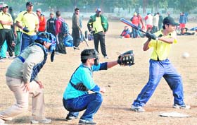 A match between Andhra Pradesh and Himachal Pradesh in progress during the 32nd Senior National Softball Championship at Sector 12 in Chandigarh on Friday.