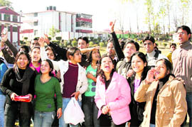 Students of Graphic Era University in a jubiliant mood after a placement drive in Dehradun on Friday
