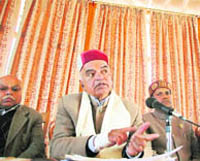 HN Kashyap, state convener, Panchayati Raj Election Cell of the BJP, addresses mediapersons in Shimla on Friday