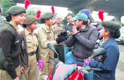 NCC cadets stop a traffic offender during Road Safety Week in Jammu 