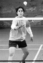 Mohani Mishra of Pondicherry makes a backhand return in the under-17 badminton event of the National School Games at Sector 23, Chandigarh, on Saturday