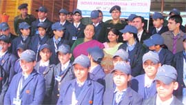 Uttarakhand Governor Margaret Alva with students of Army Goodwill School, Gulmarg, in Dehradun on Saturday.