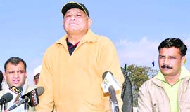 Brig SS Patwal (retd), President, Winter Games Federation of India, addresses a press conference in Dehradun on Saturday.