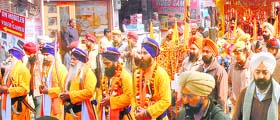 Panj Piaras lead a procession taken out to celebrate Gurpurb in Jalandhar on Saturday. 