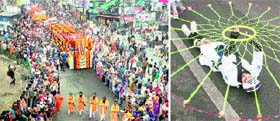 Devotees take out a nagar kirtan as part of the Gurpurb celebrations in Jammu on Saturday; and (right) a devotee performs gatka.