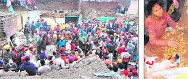 The scene of the blast in Fajjupur village near Gurdaspur on Saturday; and (right) a woman who remained under the debris for almost an hour after the blast. 