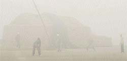 Boys play cricket in dense fog at the Sector 39 grain market on Sunday.