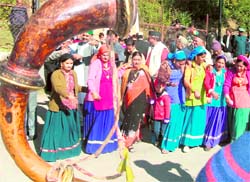 Women in traditional attire at the inauguration of the Maroj Festival in Mussoorie on Sunday