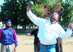 Pakinder Singh, shot put player who won a medal in the Malaysian Master Athletics recently, puts a shot at the Uttarakhand Master Athletics Championship in Dehradun