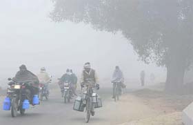 MISTI-FIED: Milkmen on their way to deliver milk , braving the winter chill and fog on the Kachwa road in Karnal