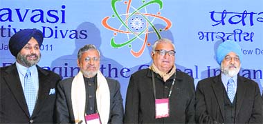 (From left) Punjab Deputy Chief Minister Sukhbir Singh Badal, his Bihar counterpart Sushil Modi, Haryana Chief Minister Bhupinder Singh Hooda and Planning Commission Deputy Chairman Montek Singh Ahluwalia at the Pravasi Bharatiya Divas function in New Delhi