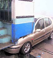 The Indica car that collided with a bus in Doraha on Sunday