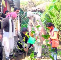 Veteran environmentalist Sunder Lal Bahuguna plants a sapling at Shuklapur village, near Dehradun, on Sunday.