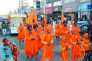 Panj Piare (five beloved) lead a procession organised on the eve of the birth anniversary of Guru Gobind Singh in Bathinda on Monday.