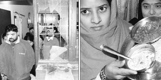 The broken windowpanes of a flat after the clash that took place at Chandigarh Apartments; and (right) a woman shows the meal that had blood in it at Dera Bassi