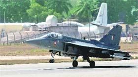Tejas at the HAL airport in Bangalore on Monday.