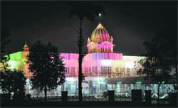 An illuminated gurdwara in Nanak Nagar in Jammu 