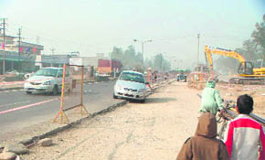 Motorists are forced to take gravelly diversions created due to the ongoing work on the national highway.