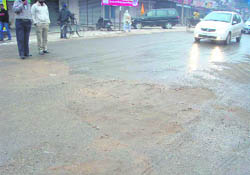 Patchwork carried out on a road at Doraha Mandi in view of the Chief Minister’s visit.
