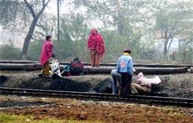 Slum dwellers collecting the coal taken away from a wagon near the railway junction in Bathinda